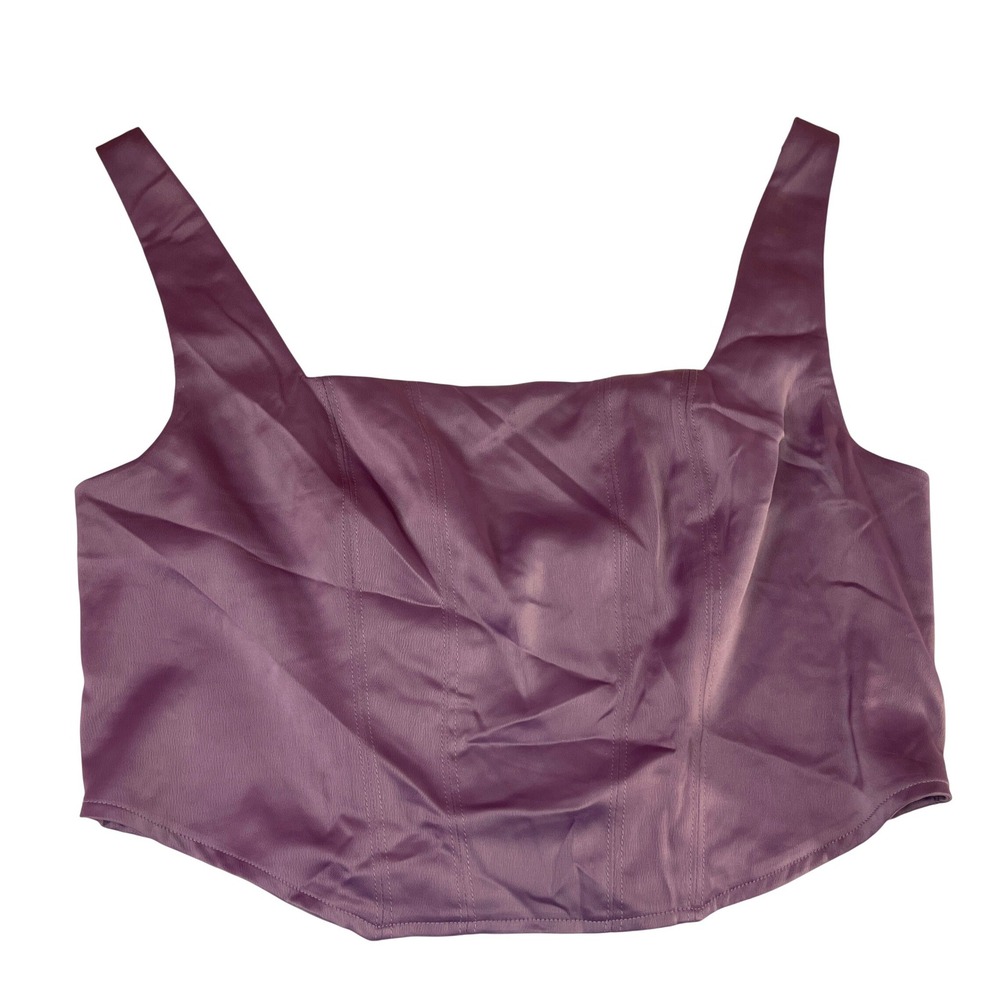 Lavender Purple Satin Corset Crop Top Square Neck Smocked Back Adjustable Straps